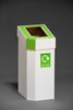 white waste bins, made from cardboard, with green lids that can be lifted off, ideal for disposing of mixed rubbish.