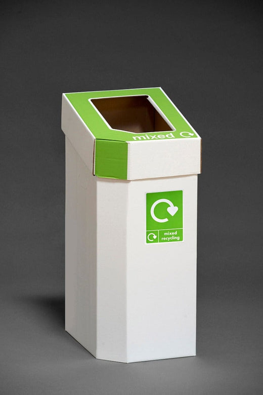 white cardboard trash bins with green lids that can be lifted off, ideal for disposing of mixed recycling.