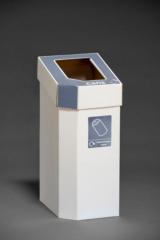 Stand-alone waste bins with grey bodies and brown, lift-off lids specifically designed for cans. 