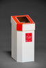White stand-alone garbage bin that come with liftable red lids, ideal for plastic waste.