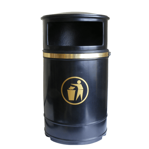 freestanding black trash bin with round hooded top and wide aperture made from galvanised steel. 