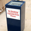 Blue metal cigarette bin, with white perspex plate and text.  Complete with galvanised cigarette end collection top