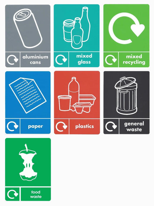 Graphic showing label options for the Durable Open Top Recycling Bin: Grey (Aluminum Cans), Aqua (Mixed Glass), Green (Mixed Recycling), Blue (Paper), Red (Plastics) & Black (General Waste)