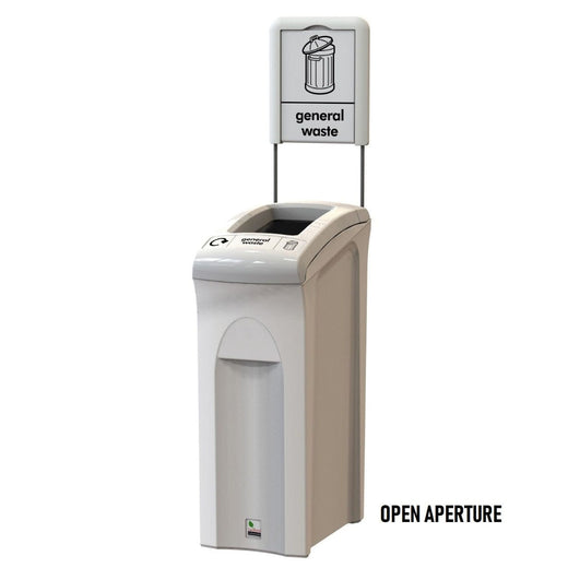 An all white waste bin with an open aperture, complete with signage on the top.