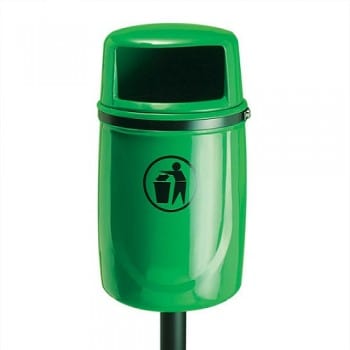 A standalone outdoor green trash can featuring a recycling graphic and a universal bracket for attachment and a lid with wide opening.