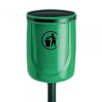 freestanding outdoor litter bin in green with recycling graphic and universal fixing bracket