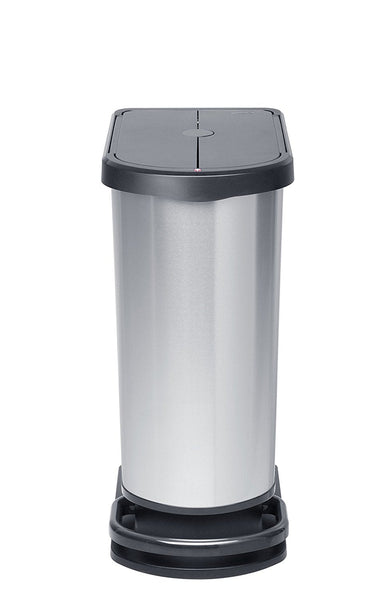 Front view with metal effect plastic body and black lid with easy operated pedal around the base