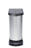 Front view with metal effect plastic body and black lid with easy operated pedal around the base