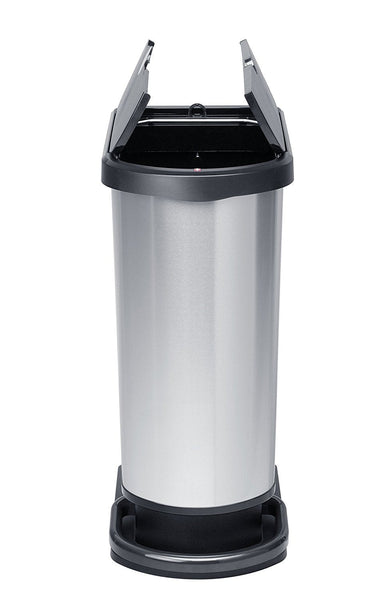 Butterfly opening lid showing partially open, black base with easy to operate foot pedal and body colour in a shiny metal effect