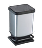 Pedal operated 40 litre bin with black base and lid and a silver body
