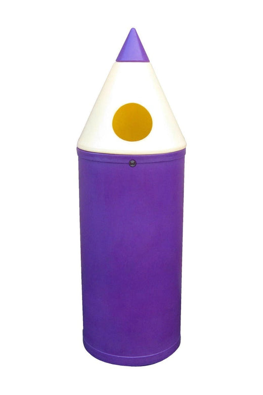 garbage bin is shaped like a purple  pencil and includes a round hole for waste input.