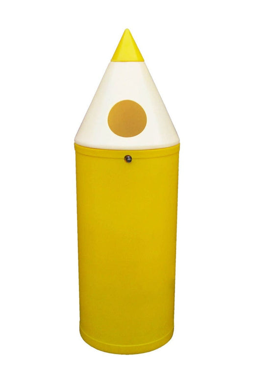 A standalone yellow waste bin, styled like a pencil, has a round slot to deposit trash.