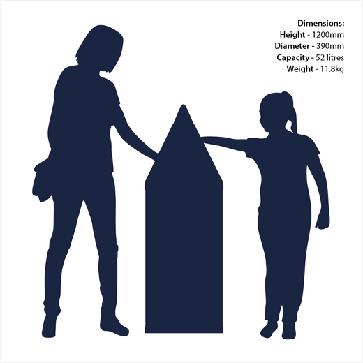 An illustration of a mother and child throwing garbage into a trash can, accompanied by text detailing the bin's dimensions.