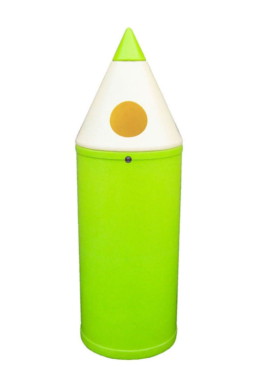 A pencil-shaped waste bin in light green featuring a circular input slot.