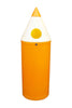 A recycling bin, designed as an orange pencil, features a round slot for trash insertion.