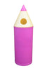  pencil-shaped trash bin, painted in purple , features a round aperture for waste disposal.