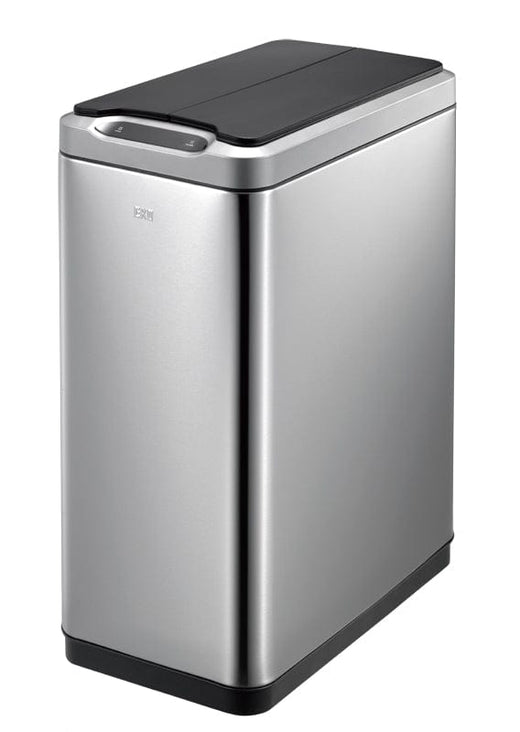 Modern rubbish sensor bin in stainless steel with lid closed. 