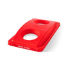 Red holed lid for collection of plastic bottles, complete with label