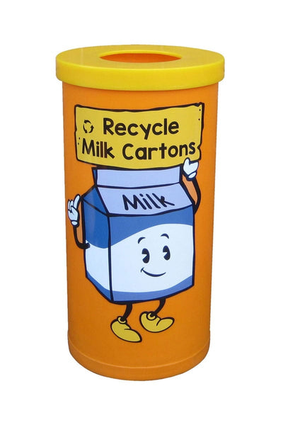Character novelty bin, orange body with yellow lid, complete with milk carton character to the front