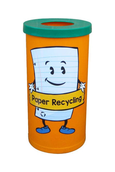 42 Litre open top recycling bin with orange body and green lid.  Fun novely paper recycling graphic applied to the front