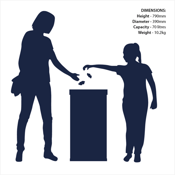 Graphic showing the height of the bin in relation to adult and children