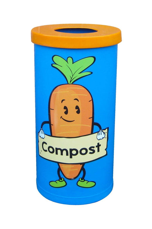 Compost recycling bin, blue body with orange lid, finished off with a novelty carrot saying compost