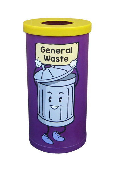 General waste bin for indoor collection.  Purple body with yellow lid with graphic applied to the front