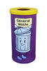 General waste bin for indoor collection.  Purple body with yellow lid with graphic applied to the front