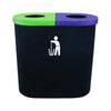 Twin compartment recycling bin.  Left side lime green open and right side blue open aperture.  White litter iconography to the front
