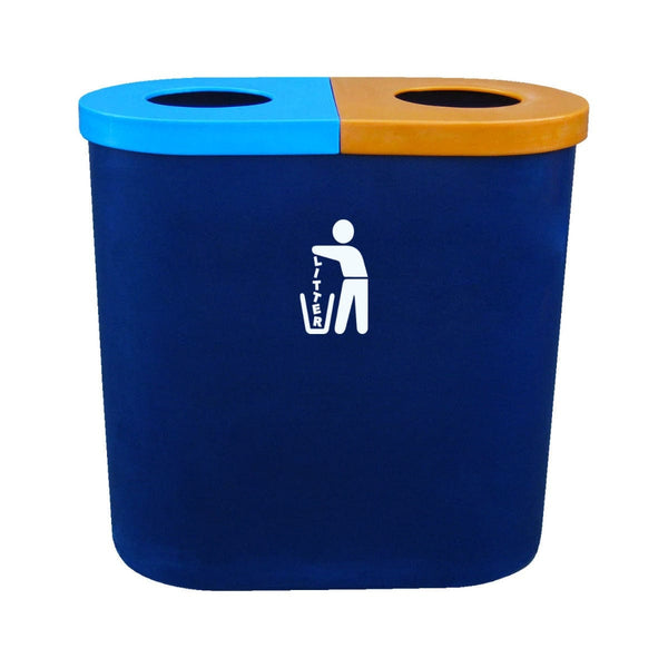 140 Litre capacity litter bin, split with 2 compartments blue and orange lid with white litter iconography 