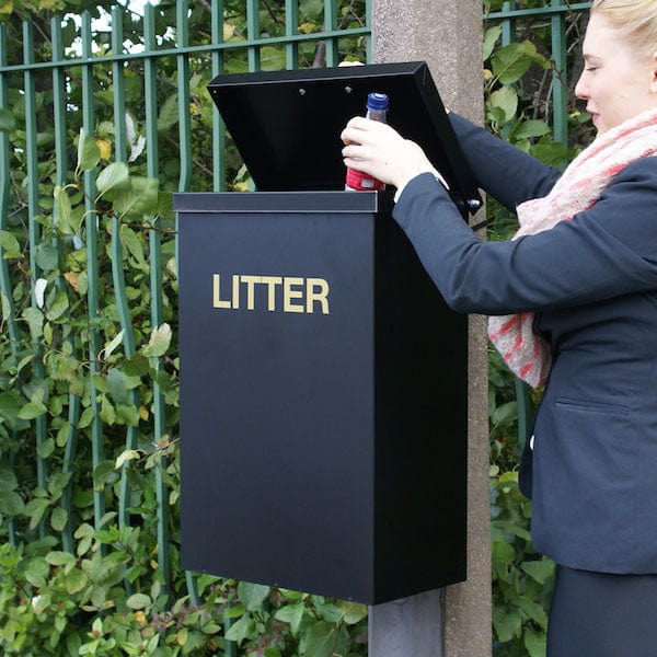 Square post mountable litter bin in black with gold LITTER text to the front and lid opened