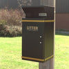 Black square post mountable litter bin with rain hood and front opening access door.  Gold banding to the top and bottom, complete with gold litter text to the front