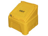 200 Litre square yellow grit bin with hasp and staple to keep the lid closed.  Sloped lid design to aid with runoff of water
