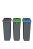 3 Slim profile recycling bins, one with grey handle, green hole and blue slot aperture