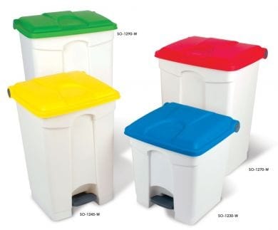 Group shot of 4 plastic pedal bins all with white bodies, each with a different coloured lid