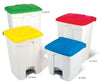 White bodied pedal bins showing all sizes available.  Lid colours are green, yellow, red and blue