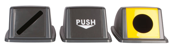 3 Domed lid variations, slot, hole and standard push flap aperture
