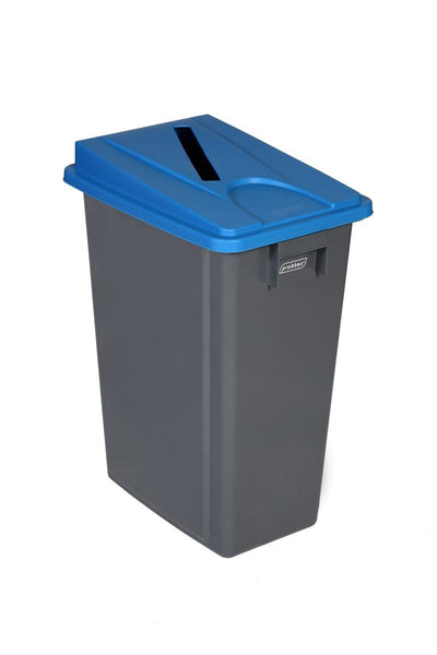 Slim footprint recycling bin with grey body and blue slot lid