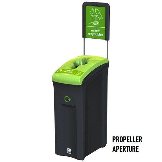A black garbage bin with an propeller light green lid and a signage on the top.