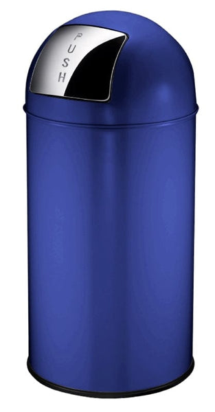 Blue powder coated steel indoor litterbin.  Stainless steel push flap bin with protective base 