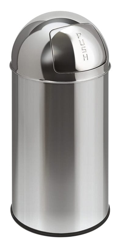Stainless steel circular domed top litter bin with PUSH wording on the flap