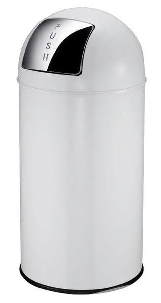 White powder coated steel litter bin with protective rim around the base and stainless steel push flap 