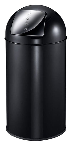 Domed top freestanding circular litter bin.  PUSH wording on the entrance to the push flap and contains a protective rim around the base