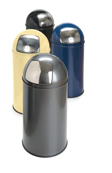 group  shot of 4 internal powder coated steel waste bins with stainless steel push flap and protective base