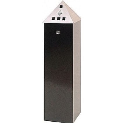 Freestanding cigarette bin with pyramid shaped lid to aid with runoff.  Square apertures with small grated stubbing plate to the top