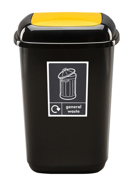 45 Litre internal recycling bin with yellow flip top lid and black general waste label applied