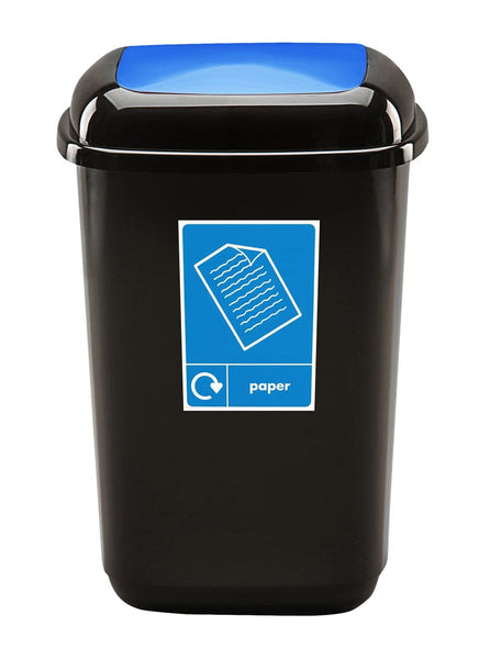 internal recycling bin with a black base and blue flip top aperture, complete with A5 paper graphic to the front