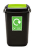 Black plastic internal recycling bin, 45 litre in capacity with green flip lid mechanism and mixed recycling graphic 