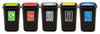 Group shot of 5 internal recycling bins with swing top lids, all with black bodies and coloured lids, complete with iconography to match