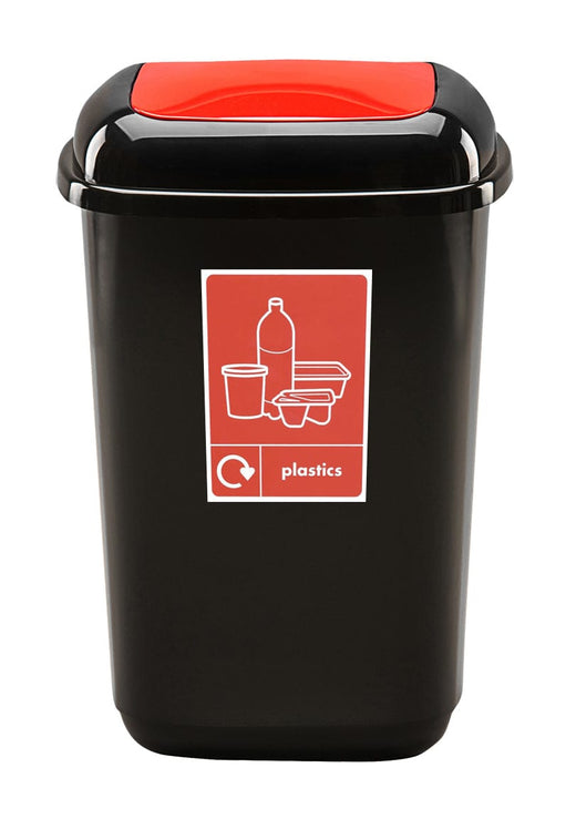 Plastics recycling bin with black body and red flip top lid, A5 graphic applied to the front